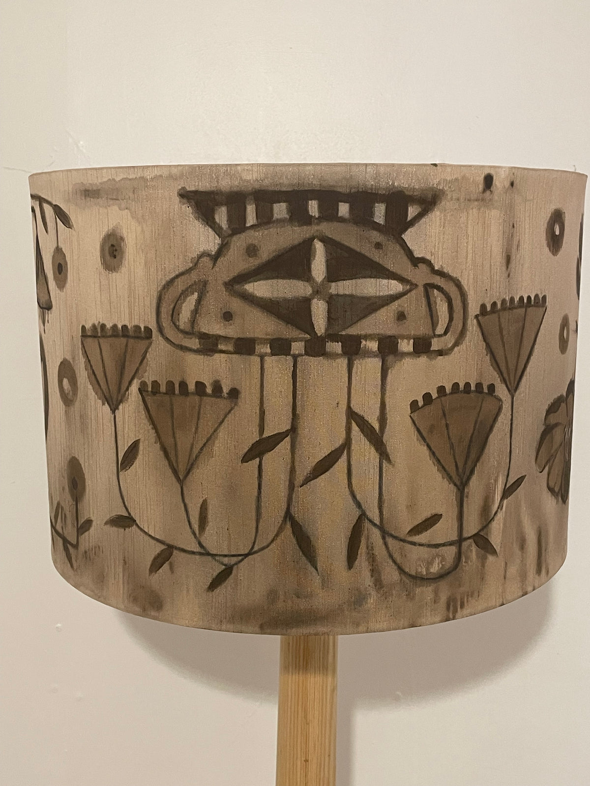 Restored Hardwood Floor Lamp with Hand-Painted Shade