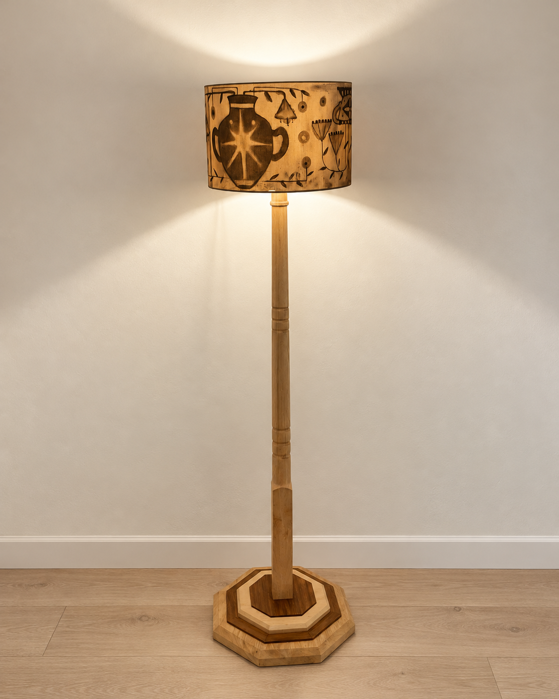 Restored Hardwood Floor Lamp with Hand-Painted Shade