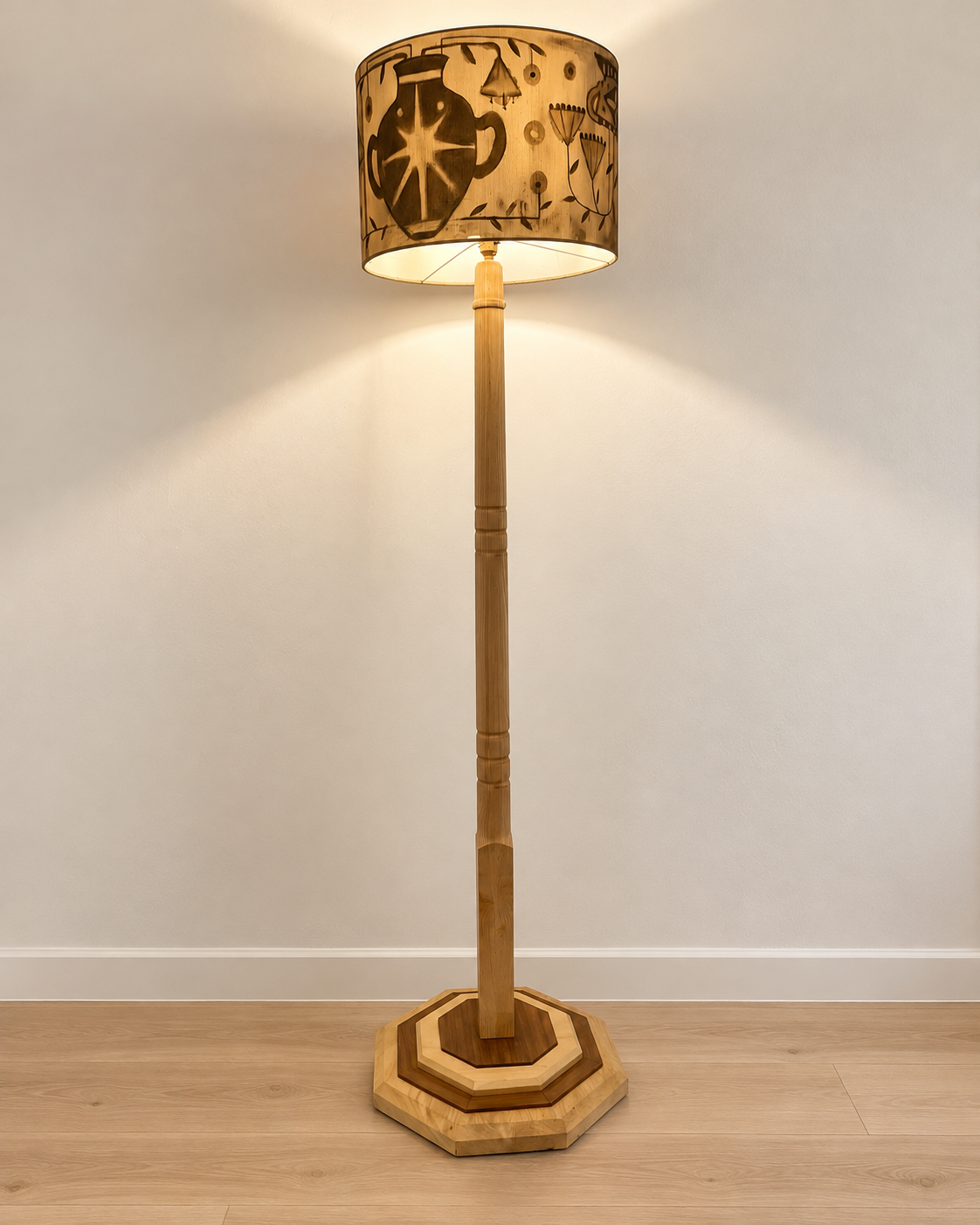 Restored Hardwood Floor Lamp with Hand-Painted Shade