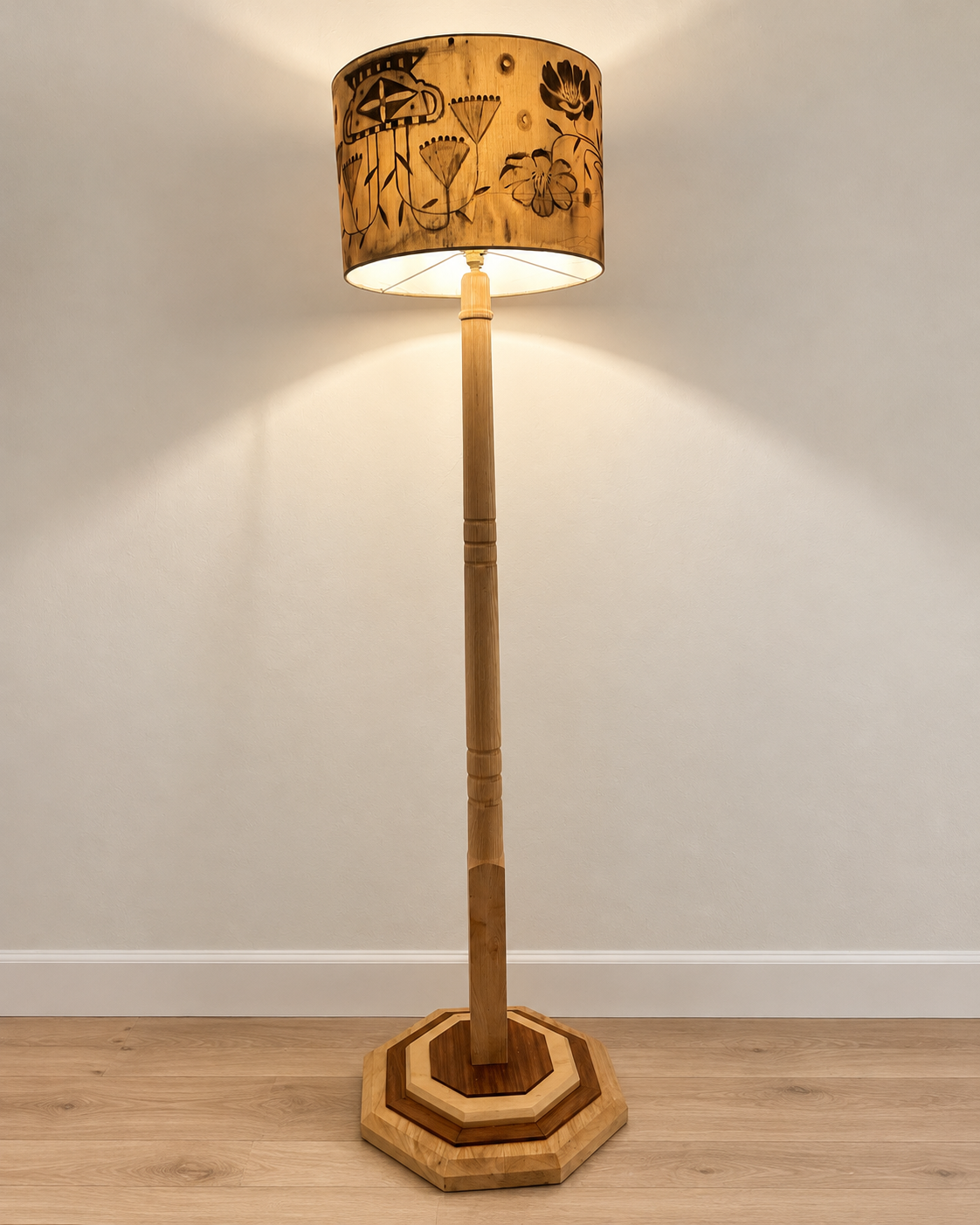 Restored Hardwood Floor Lamp with Hand-Painted Shade