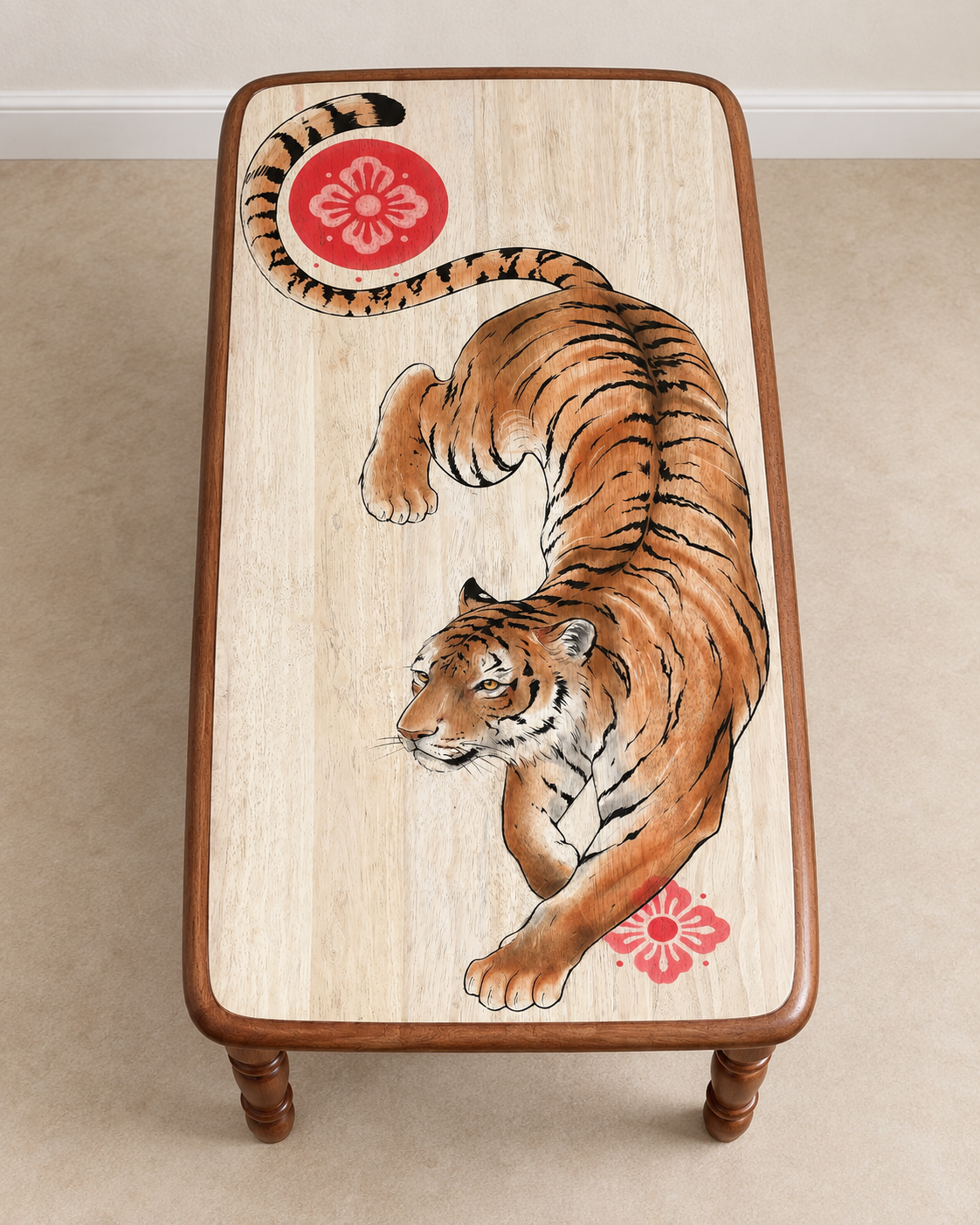 Hand-Painted solid wood tiger coffee table