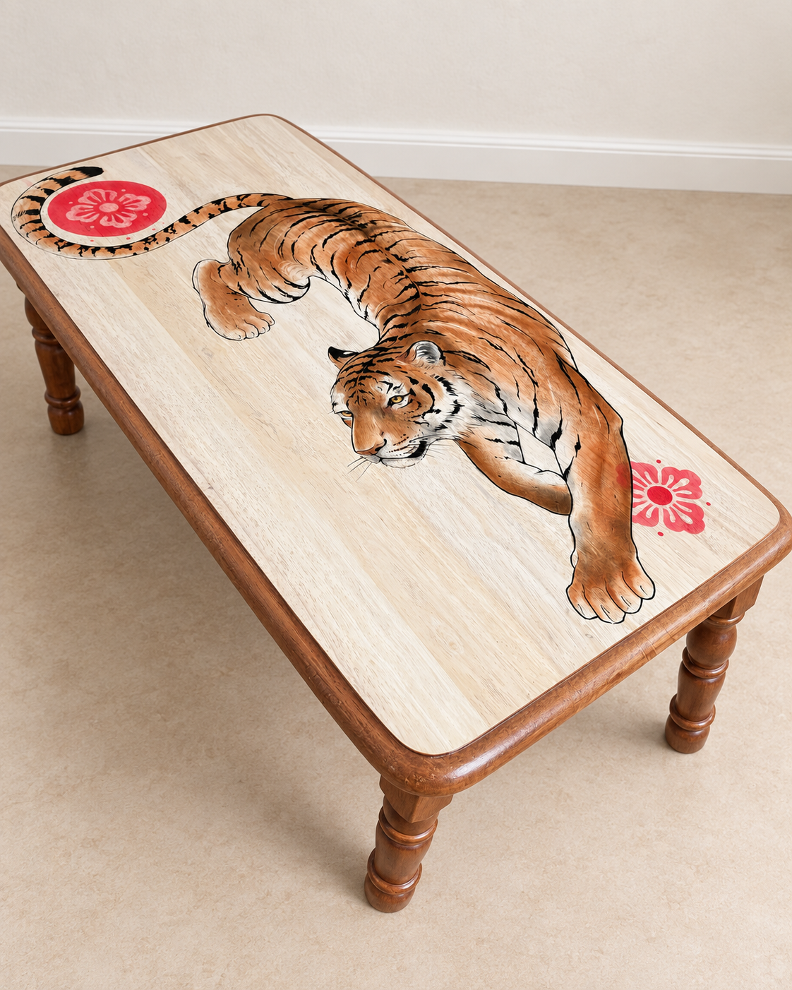Hand-Painted solid wood tiger coffee table