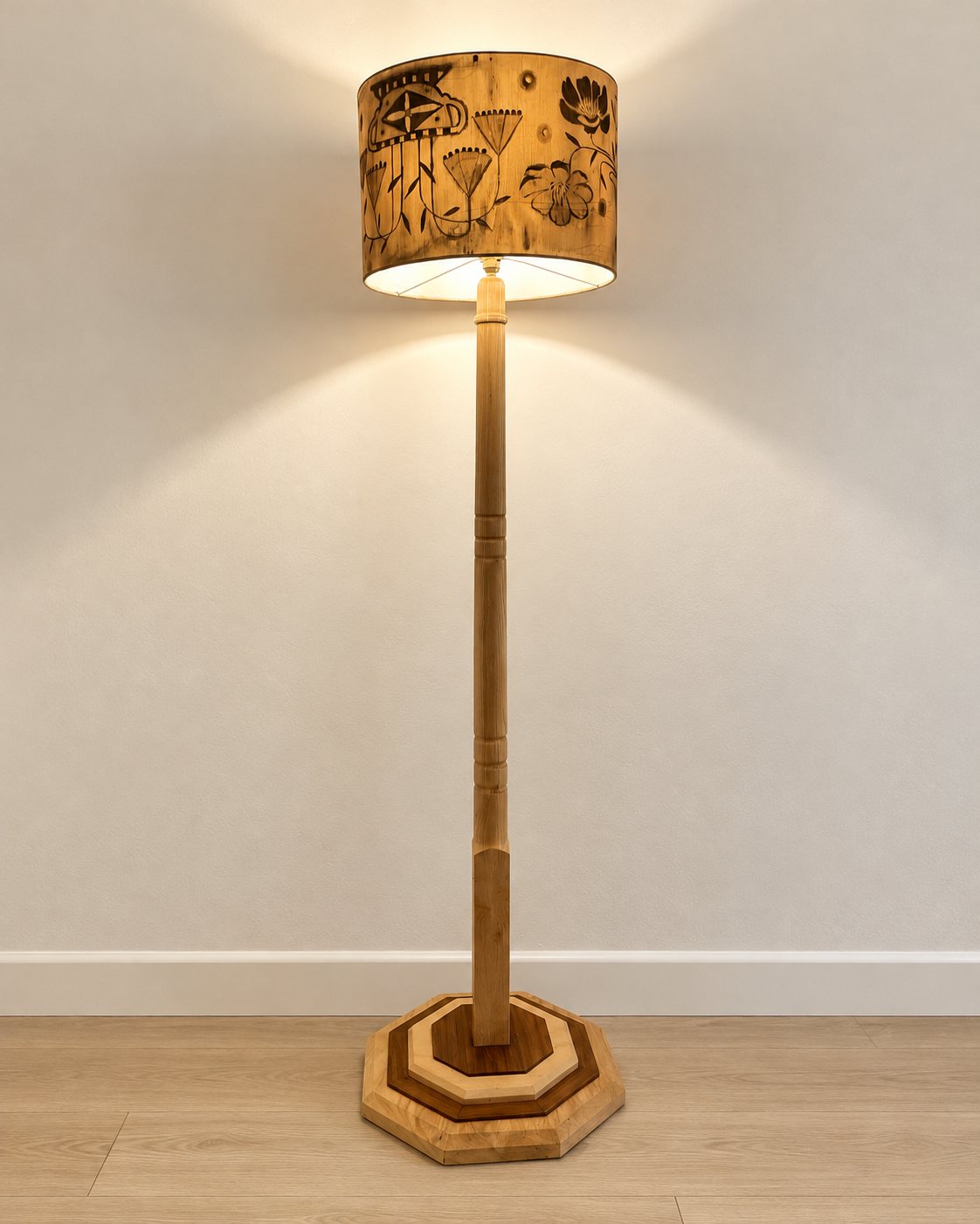 Restored Hardwood Floor Lamp with Hand-Painted Shade